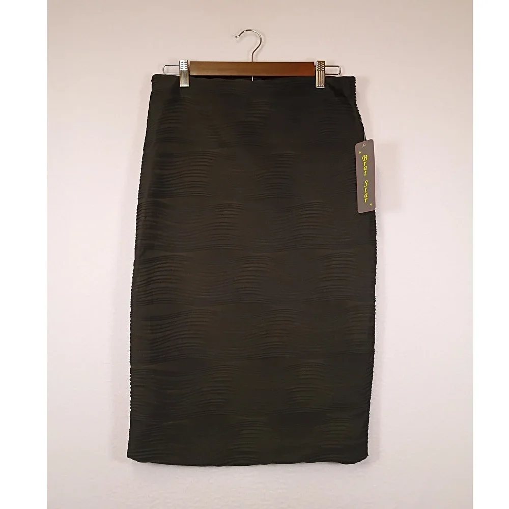 Office Siren Brat Star Women Large Black Wavy Textured Midi Pencil Skirt 16236